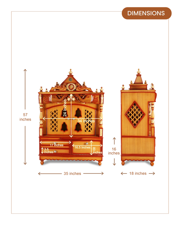 Divine Home Large Floor Rested Pooja Mandir with Door (Teak Gold) dimensions