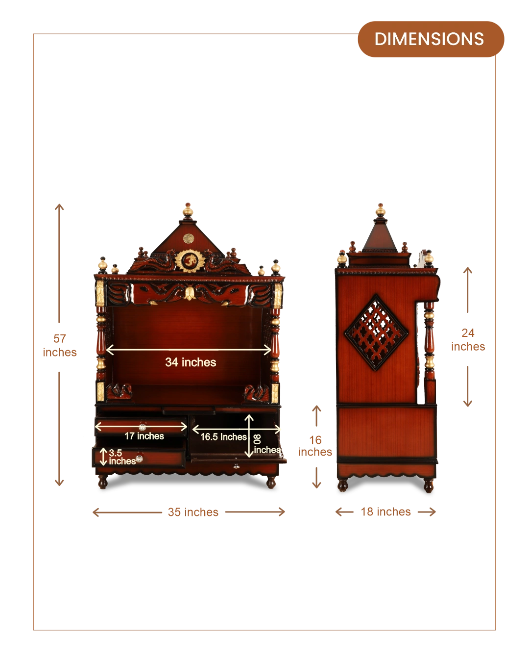 Divine Home Large Floor Rested Pooja Mandir without Door (Brown Gold) dimensions