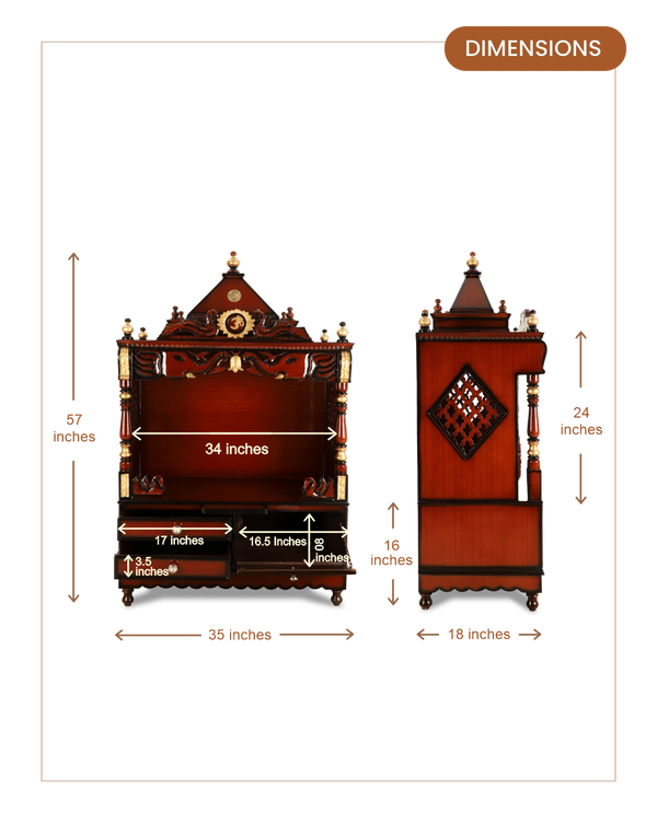 Divine Home Large Floor Rested Pooja Mandir without Door (Brown Gold) dimensions