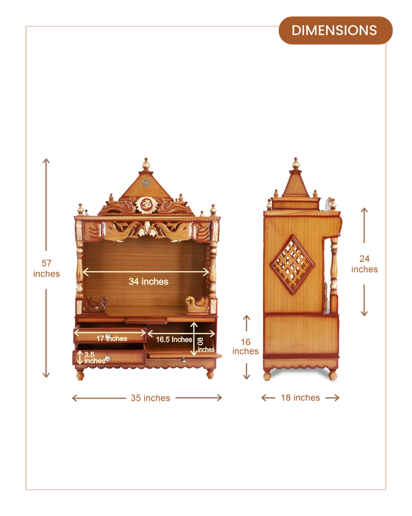 Divine Home Large Floor Rested Pooja Mandir without Door (Teak Gold) dimensions