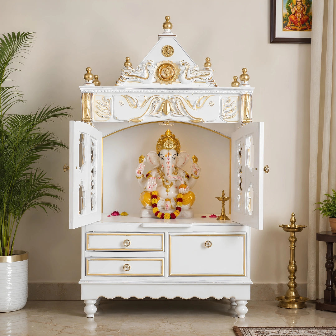 Divine Home Medium Floor Rested Pooja Mandir with Door (White Gold) lifestyle view
