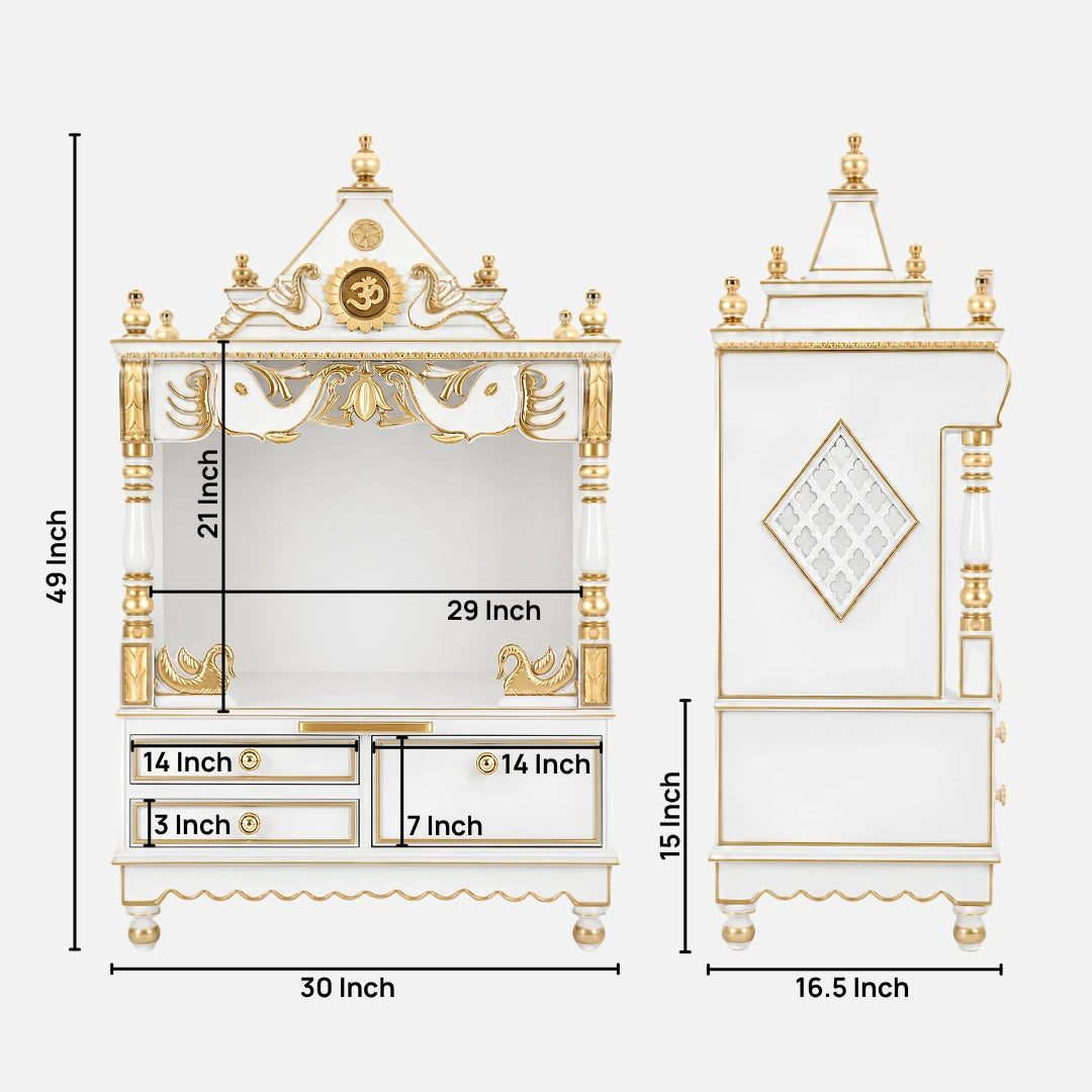 Divine Home Medium Floor Rested Pooja Mandir without Door (White Gold) Dimensions