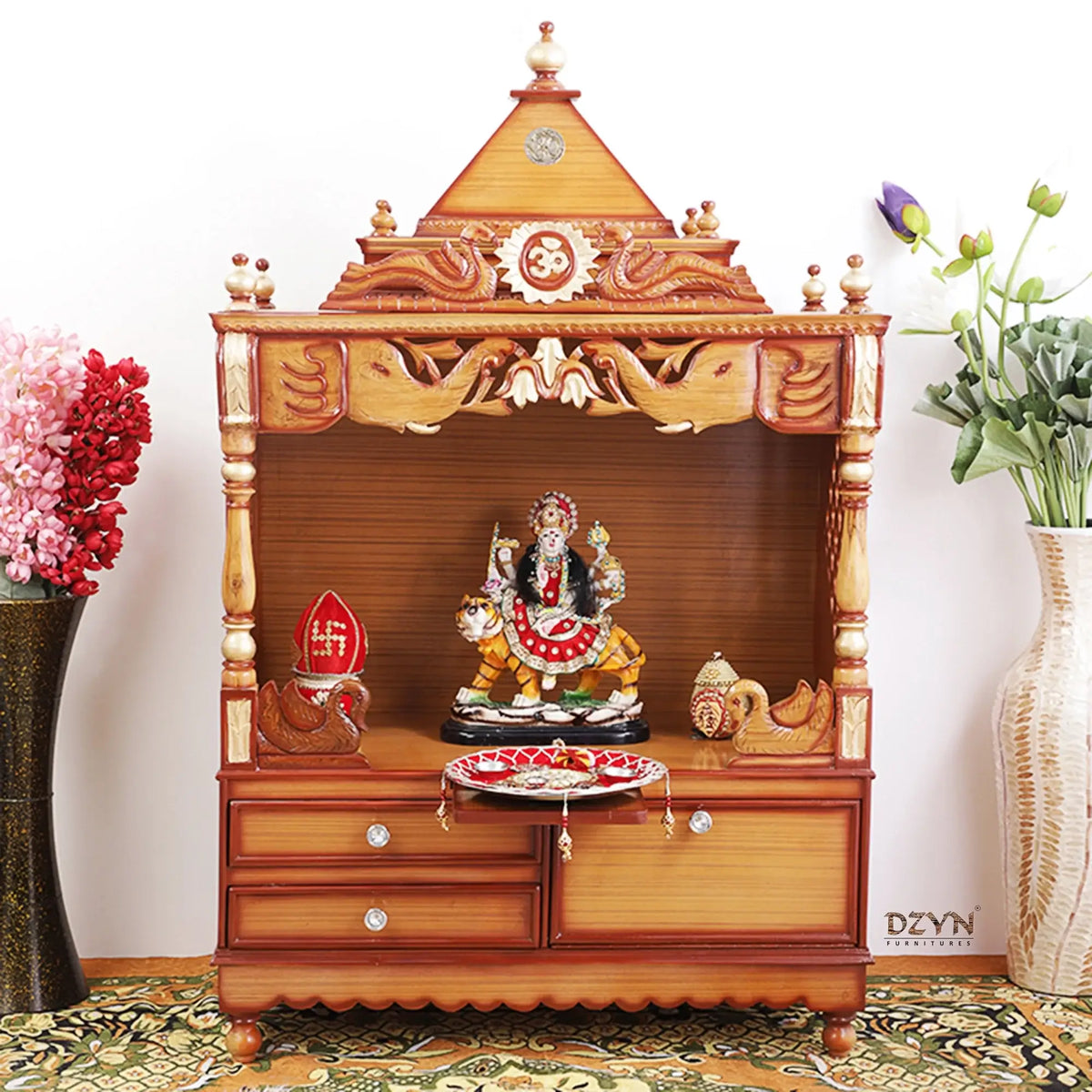 Divine Home Large Floor Rested Pooja Mandir without Door Teak Gold color lifestyle image