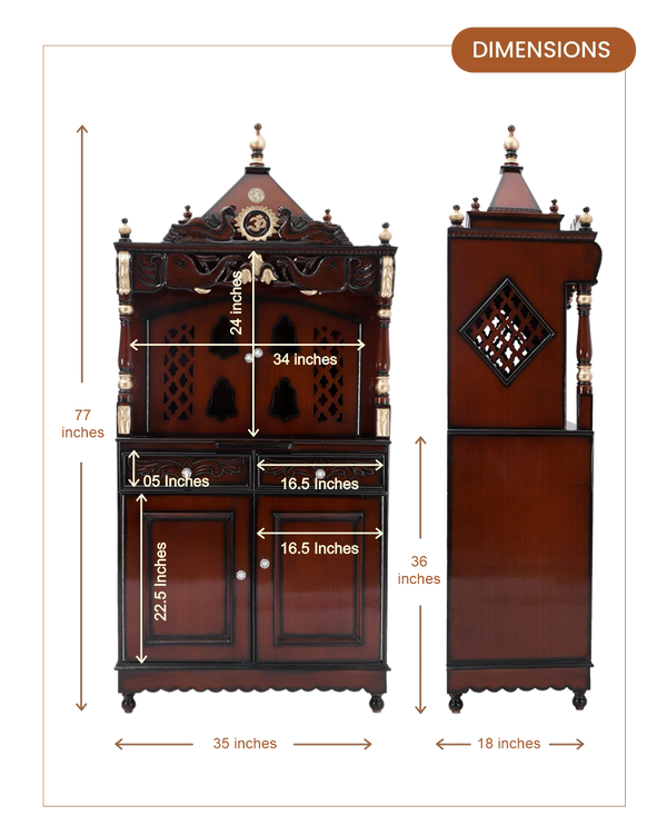Divine Palace Large Floor Rested Pooja Mandap with Door (Brown Gold) dimensions
