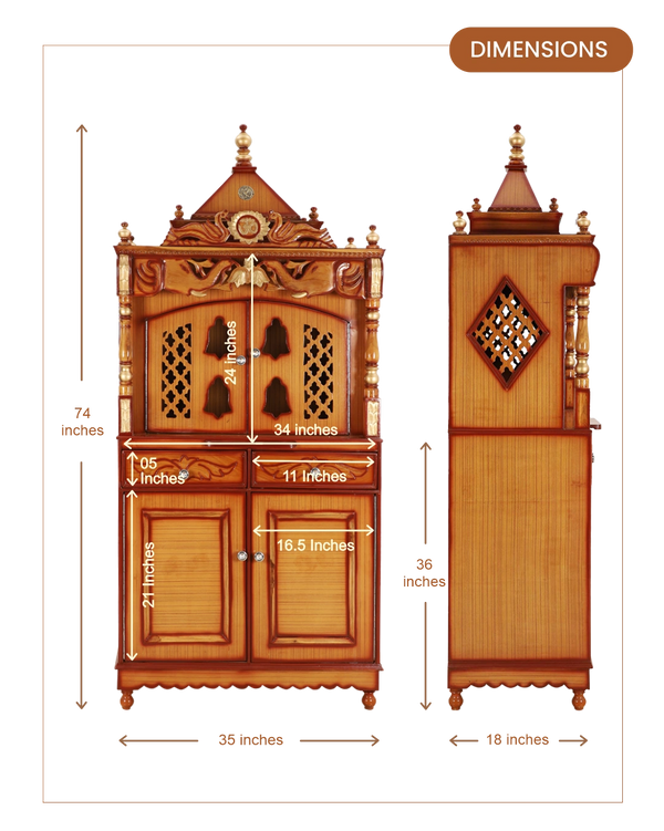 Divine Palace Large Floor Rested Pooja Mandap with Door (Teak Gold) dimensions