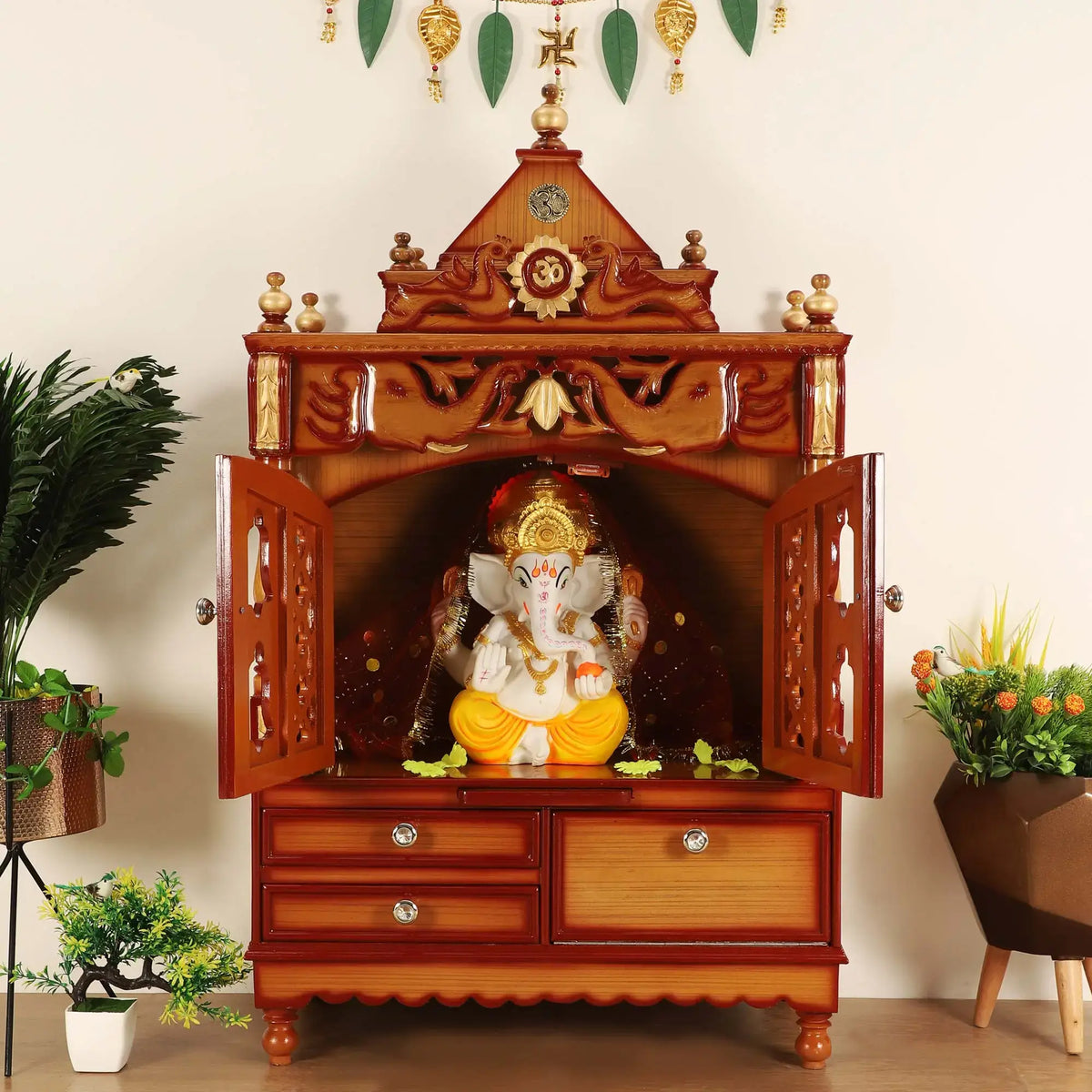 Divine Home Medium Floor Rested Pooja Mandir with Door Teak Gold color lifestyle image