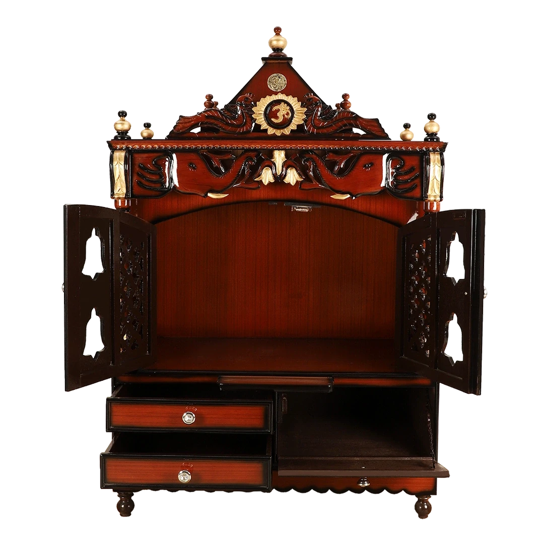 Divine Home Large Floor Rested Pooja Mandir/Wooden temple with doors for home in Brown Gold color front view open drawers