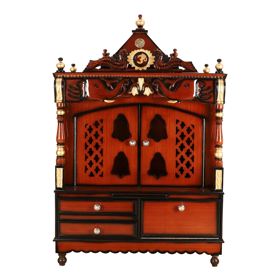 Divine Home Large Floor Rested Pooja Mandir/Wooden temple with doors for home in Brown Gold color front view