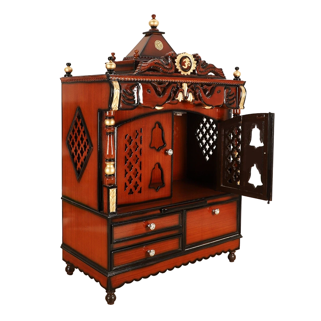 Divine Home Large Floor Rested Pooja Mandir/Wooden temple with doors for home in Brown Gold color 45° side view open drawers