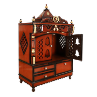 Divine Home Large Floor Rested Pooja Mandir/Wooden temple with doors for home in Brown Gold color 45° side view open drawers