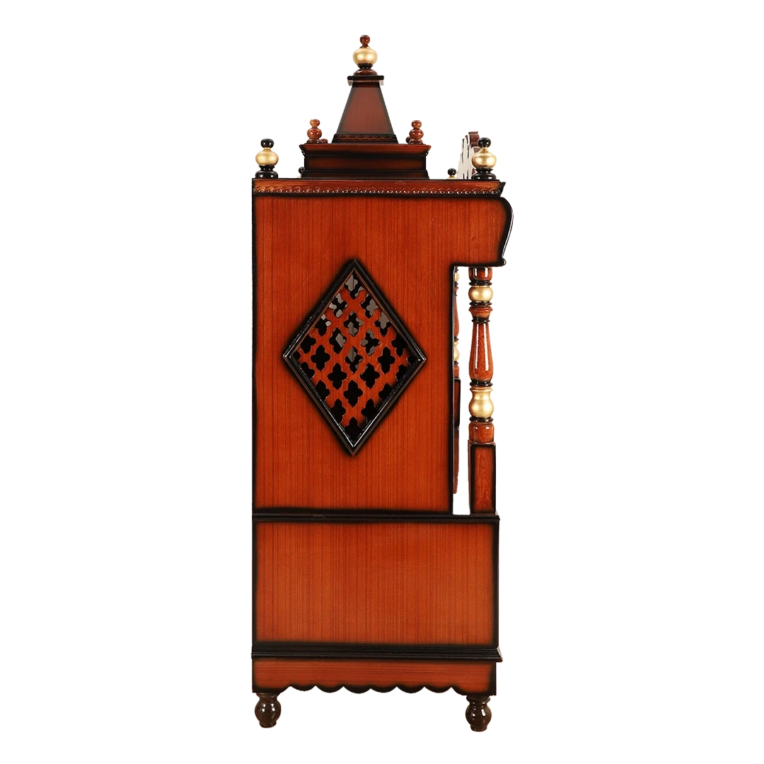 Divine Home Large Floor Rested Pooja Mandir/Wooden temple with doors for home in Brown Gold color side view featuring jali design and Pillars