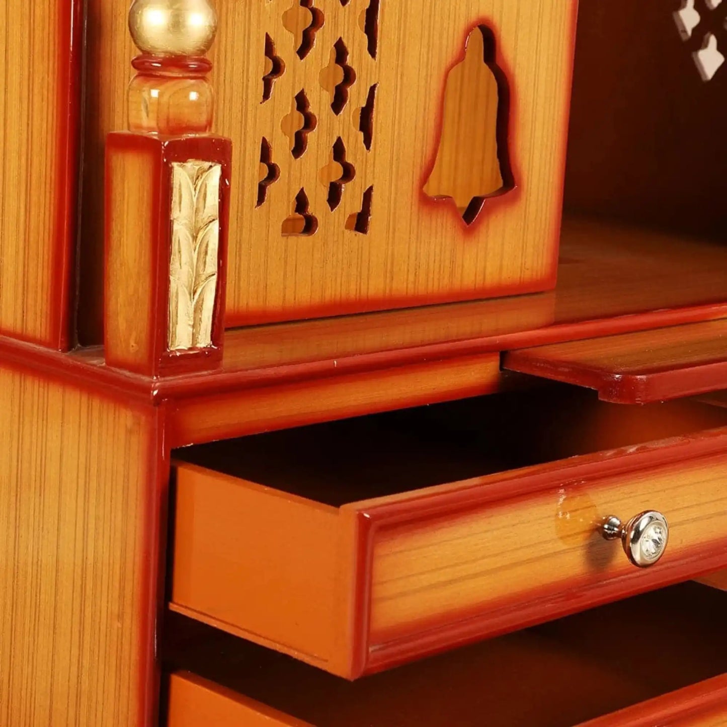 Divine Home Large Floor Rested Pooja Mandir/Wooden temple with Doors for home in Teak Gold color zoom view open drawers
