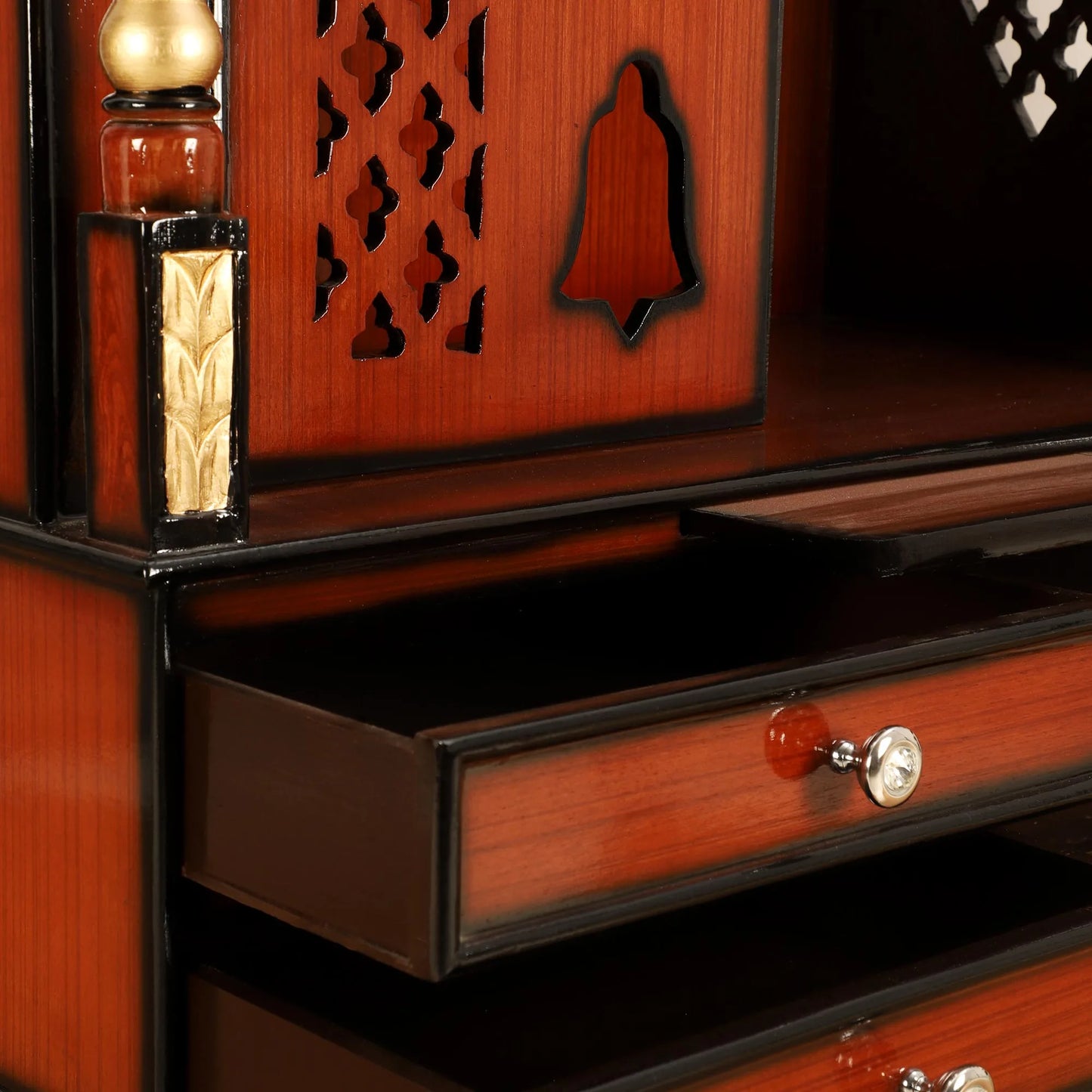 Divine Home Large Floor Rested Pooja Mandir/Wooden temple with doors for home in Brown Gold color zoom view open drawers
