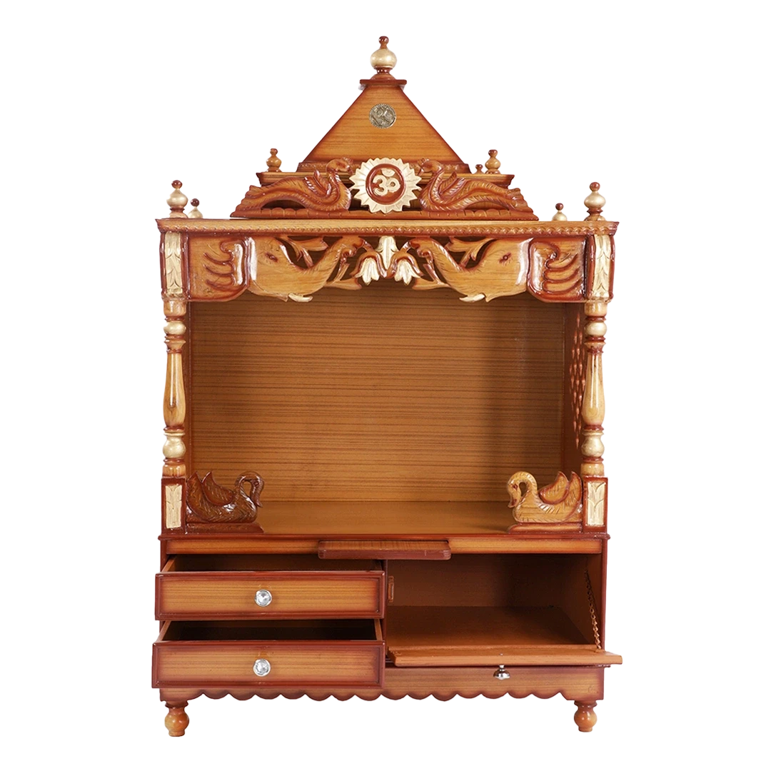 Divine Home Large Floor Rested Pooja Mandir/Wooden temple for home in Teak Gold color front view open drawers