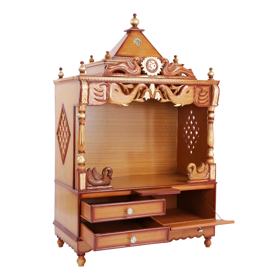 Divine Home Large Floor Rested Pooja Mandir/Wooden temple for home in Teak Gold color 45° side view open drawers
