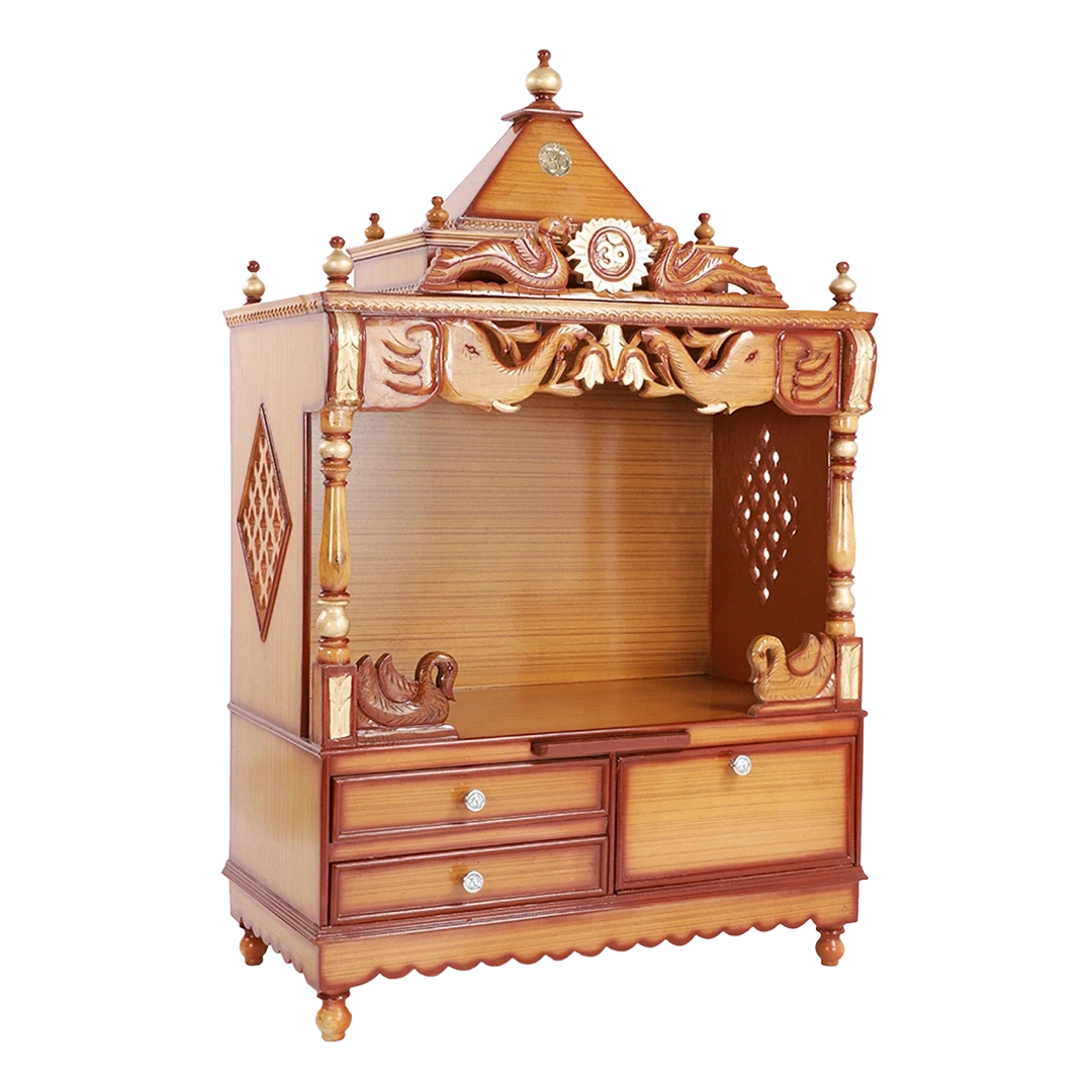 Divine Home Large Floor Rested Pooja Mandir/Wooden temple for home in Teak Gold color 45° side view