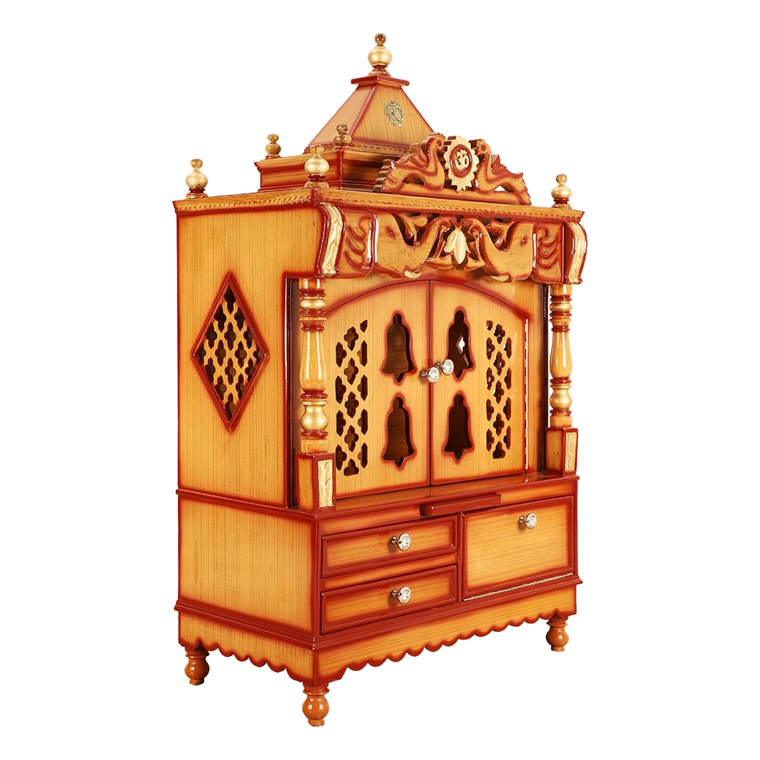 Divine Home Medium Floor Rested Pooja Mandir/Wooden temple with Doors for home in Teak Gold color 45° side view