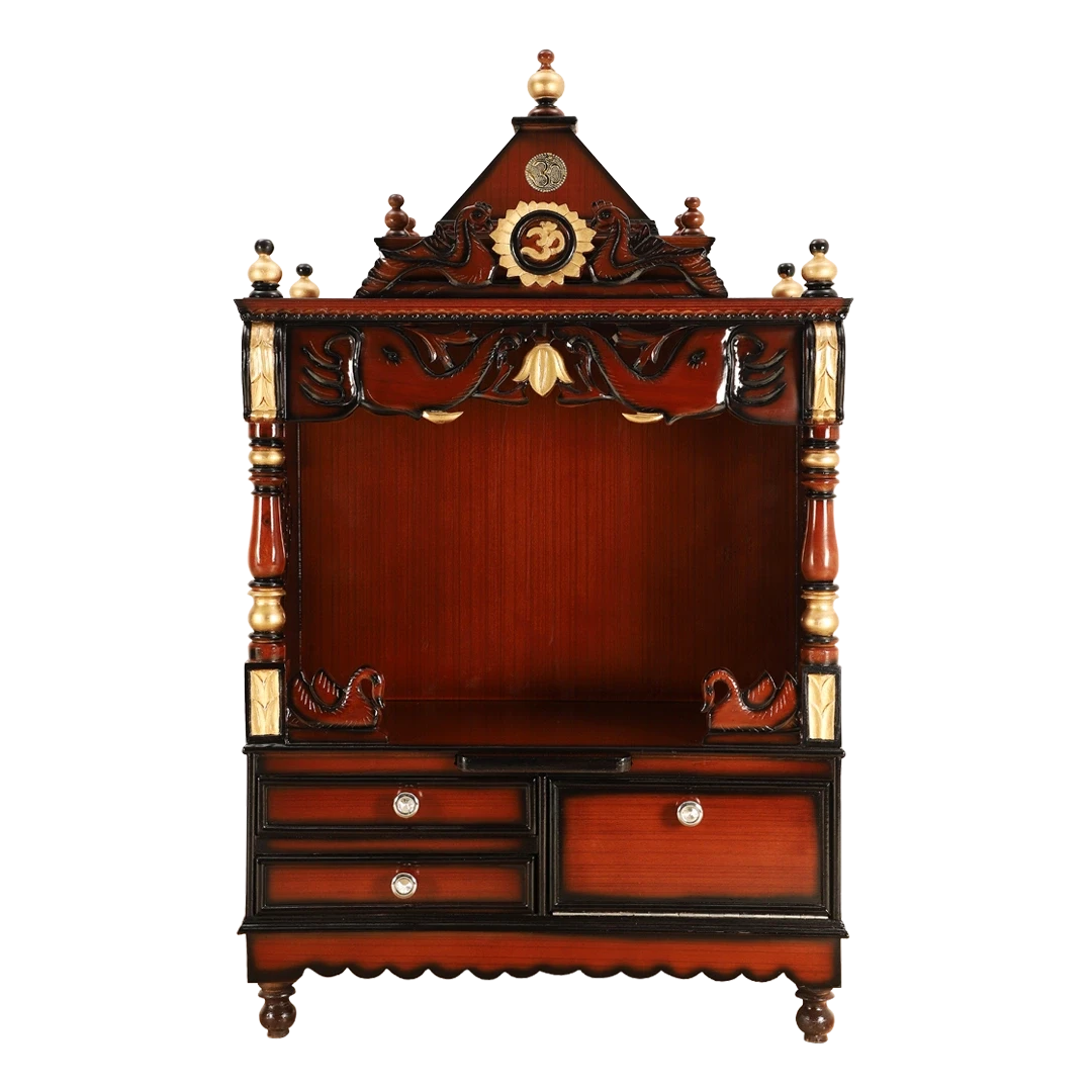 Divine Home Medium Floor Rested Pooja Mandir/Wooden temple for home in Brown Gold color front view