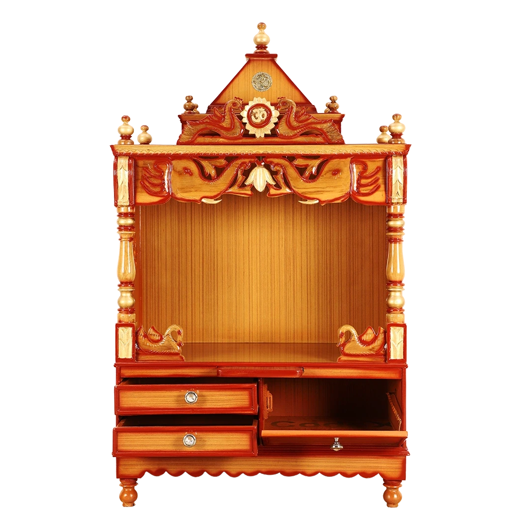 Divine Home Medium Floor Rested Pooja Mandir/Wooden temple for home in Teak Gold color front view open drawers