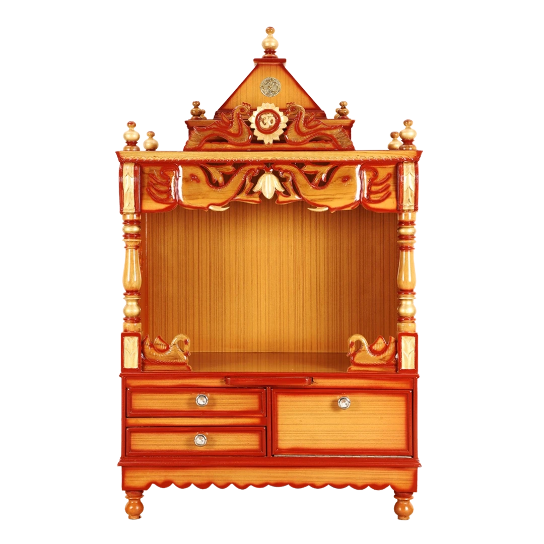 Divine Home Medium Floor Rested Pooja Mandir/Wooden temple for home in Teak Gold color front view