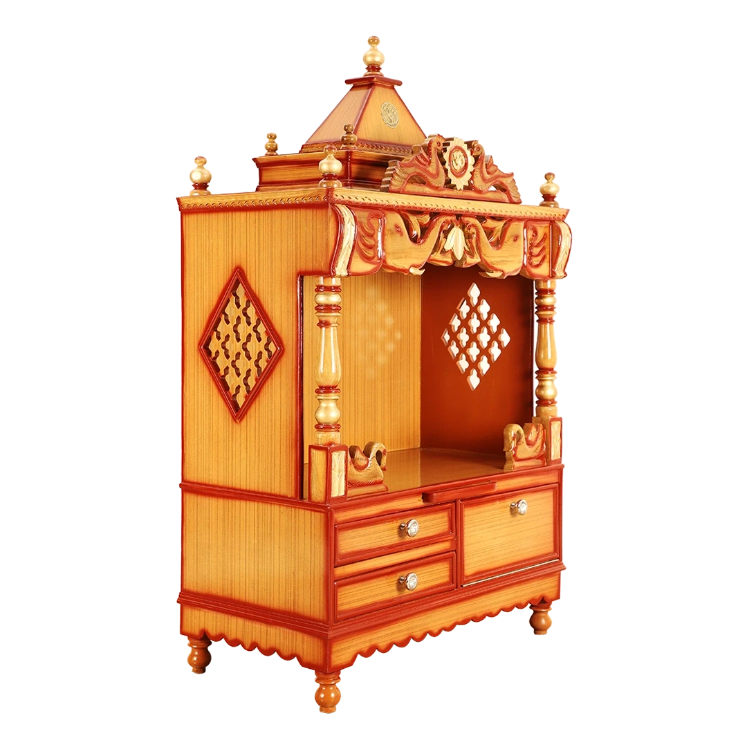 Divine Home Medium Floor Rested Pooja Mandir/Wooden temple for home in Teak Gold color 45° side view