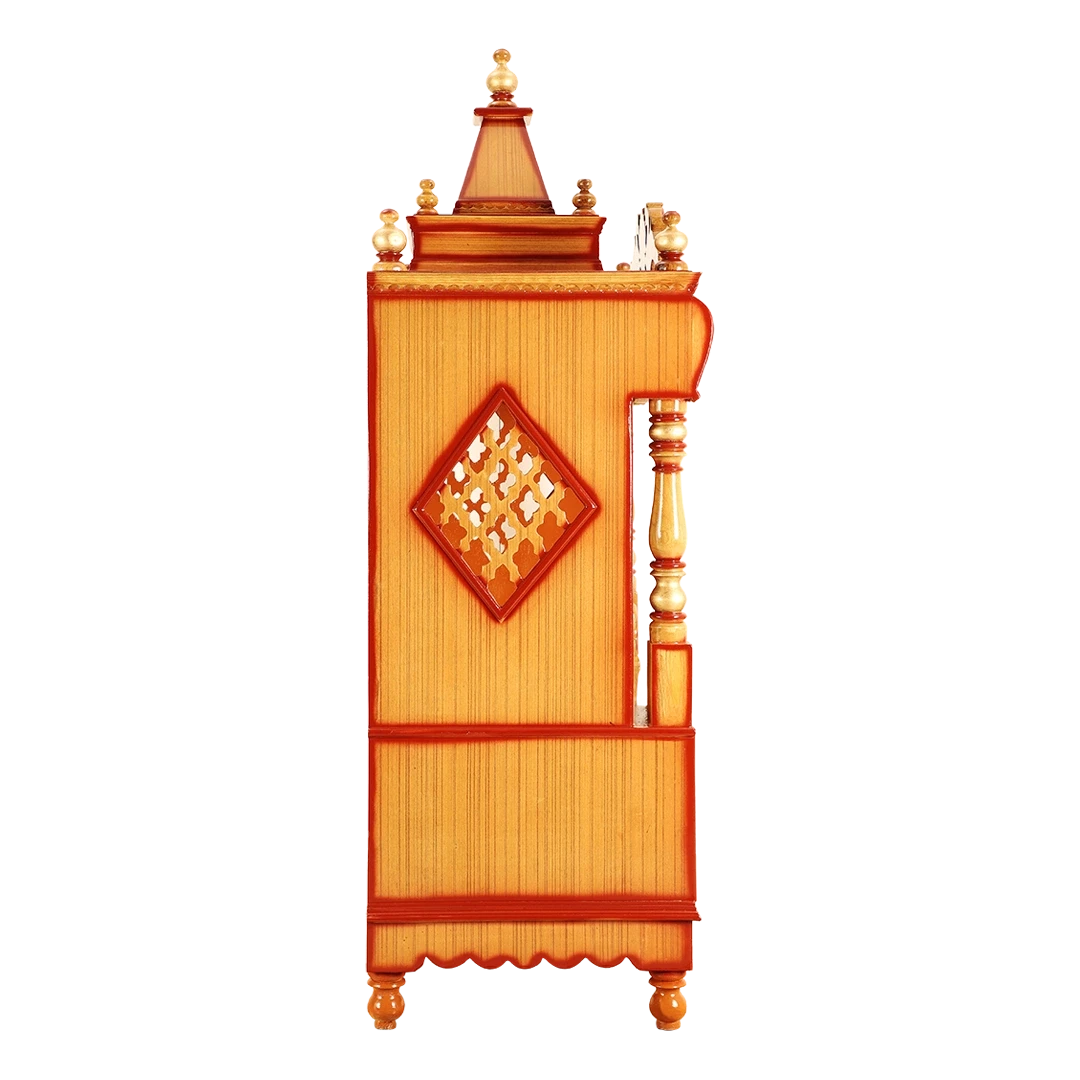 Divine Home Medium Floor Rested Pooja Mandir/Wooden temple for home in Teak Gold color side view featuring jali design and Pillars