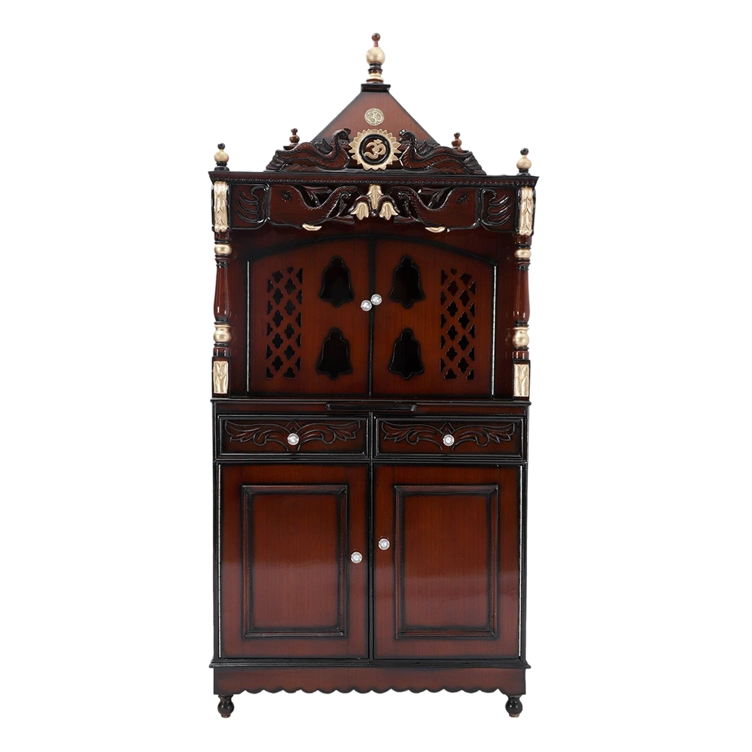 Divine Palace Large Floor Rested Pooja Mandap/Wooden temple with doors for home in Brown Gold color front view