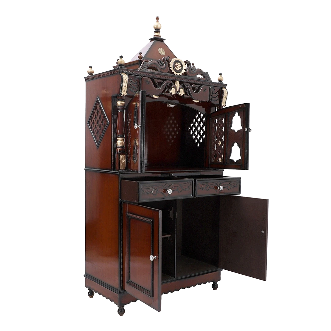 Divine Palace Large Floor Rested Pooja Mandap/Wooden temple with doors for home in Brown Gold color 45° side view open drawers