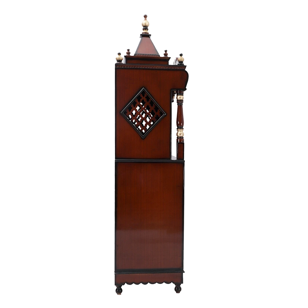 Divine Palace Large Floor Rested Pooja Mandap/Wooden temple with doors for home in Brown Gold color side view featuring jali design and Pillars
