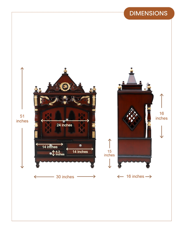Divya Darshan Floor Rested Pooja Mandir with Door (Brown Gold) dimensions