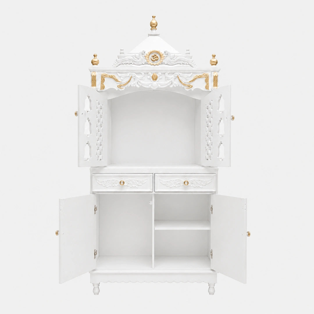 Divya Dham Large Floor Rested Pooja Mandap with Door (White Gold) Front View Open Drawers