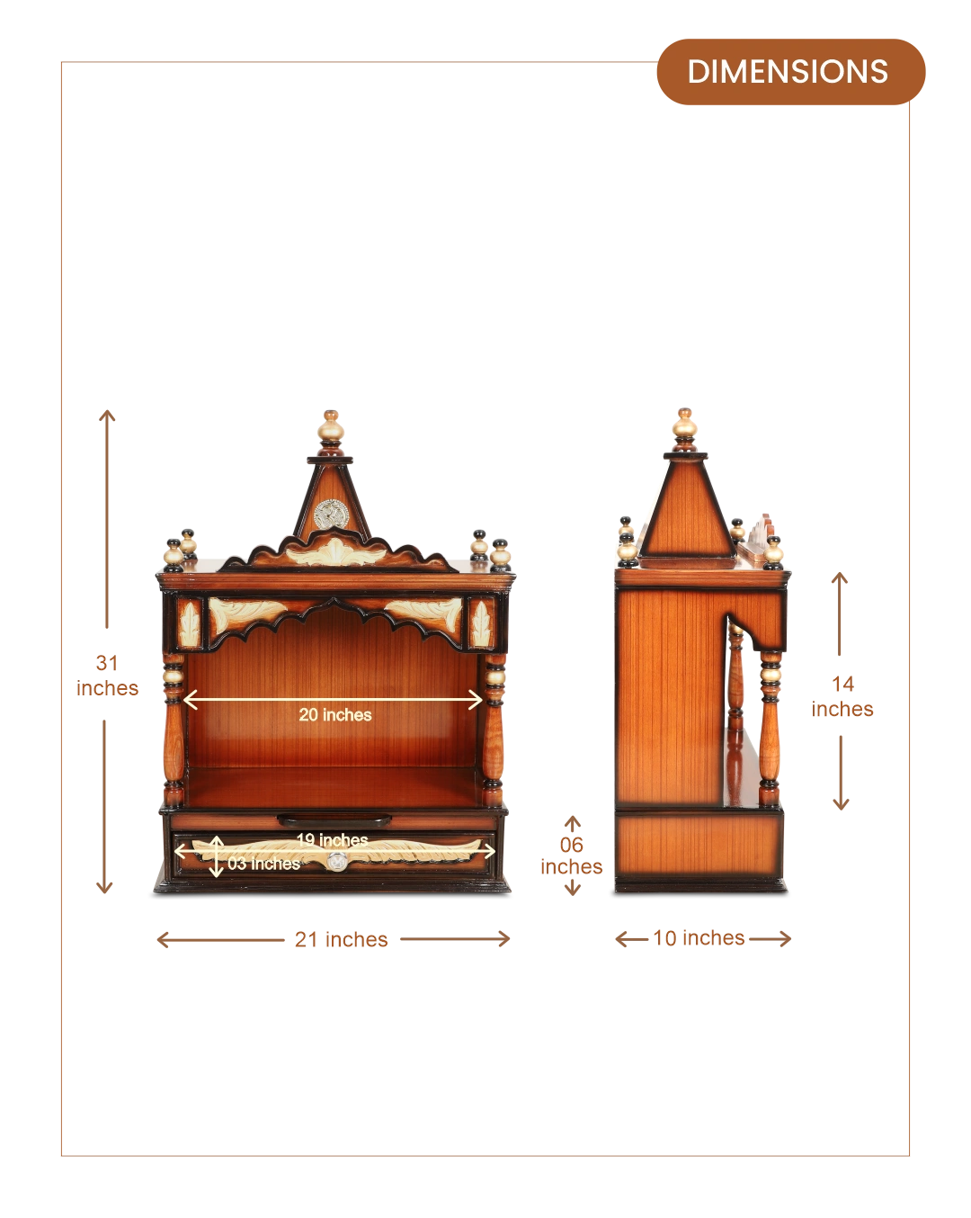 Divya Prakostha Pooja Mandir Wall Mount without Door (Brown Gold) dimensions