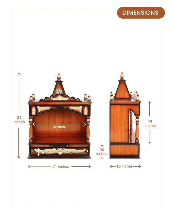 Divya Prakostha Pooja Mandir Wall Mount without Door (Brown Gold) dimensions