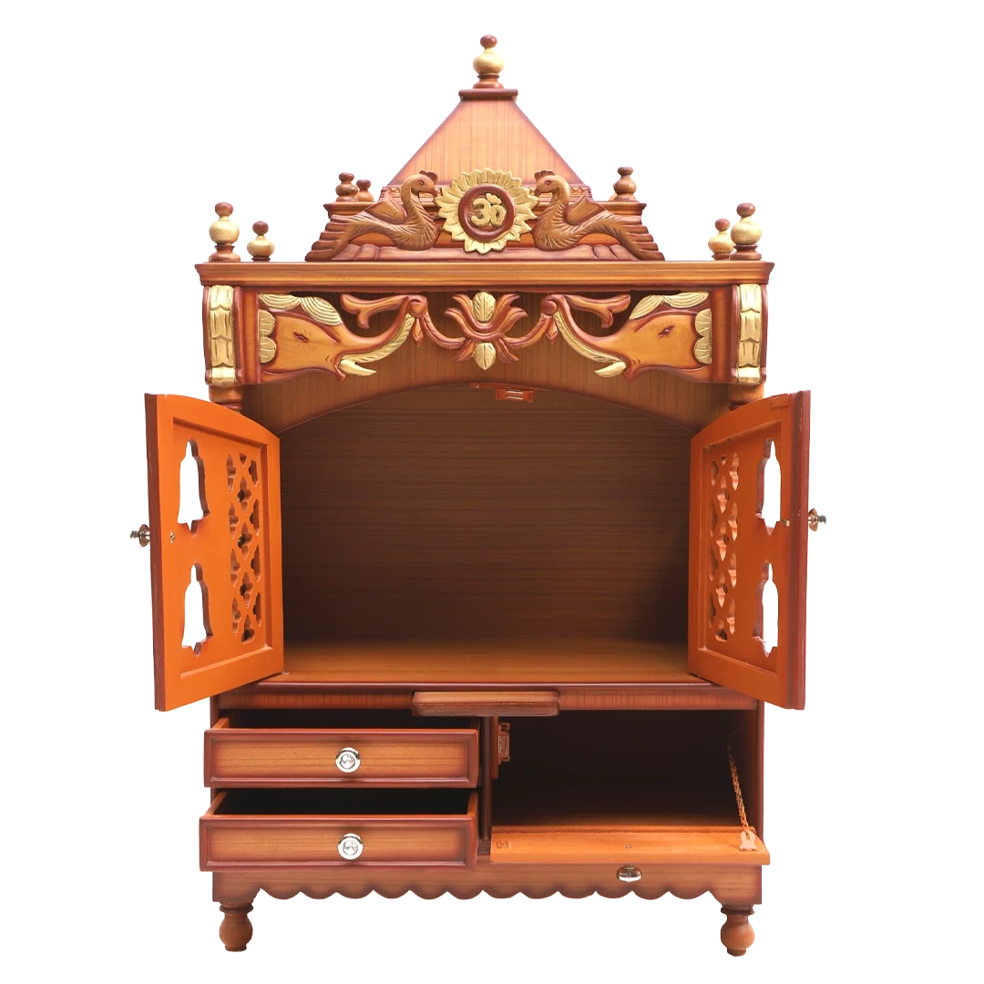 Divya Darshan Floor Rested Pooja Mandir/Wooden temple with Door for home in Teak Gold color front view open drawers