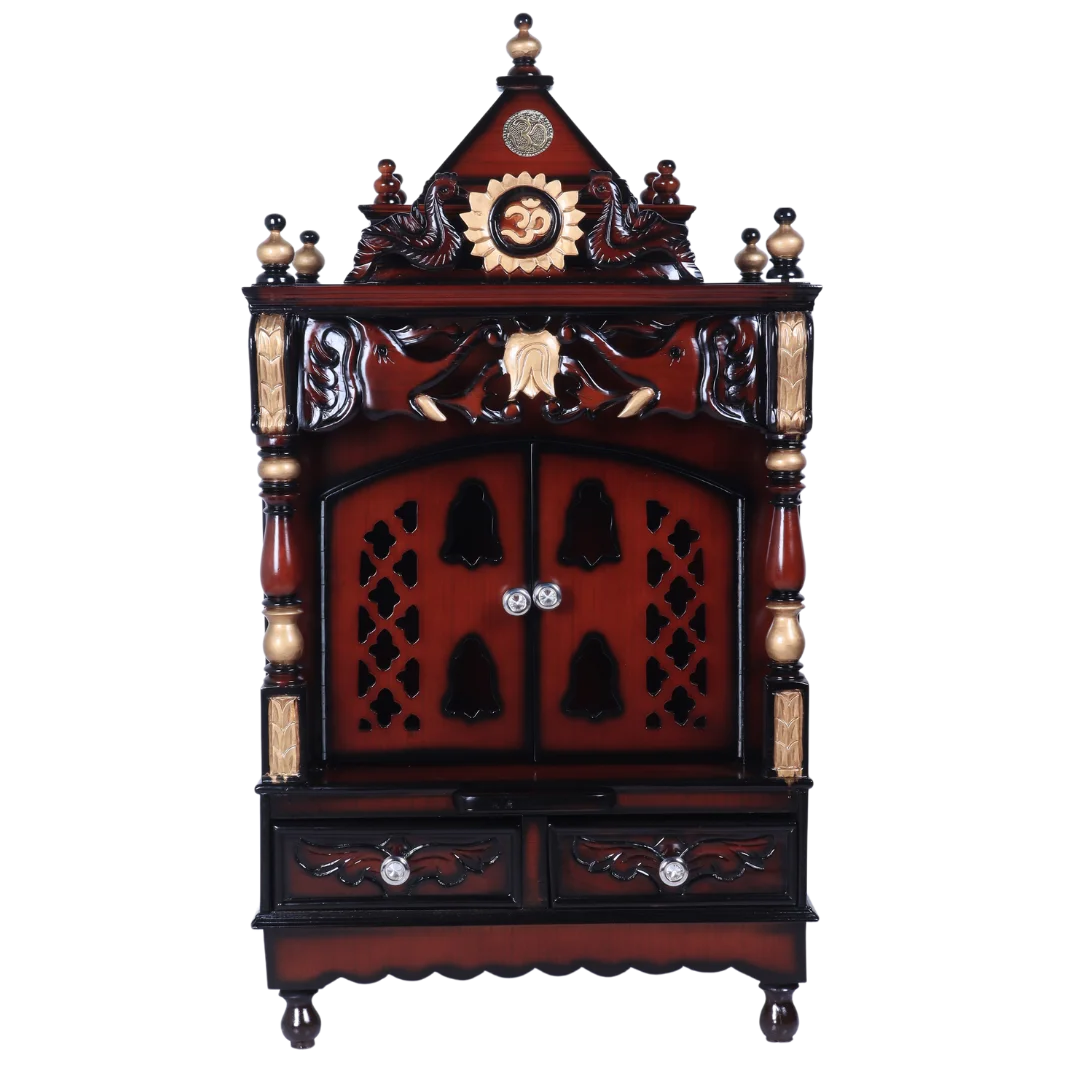 Divya Nivas Medium Floor Rested Pooja Mandir With Door (Brown Gold) front view