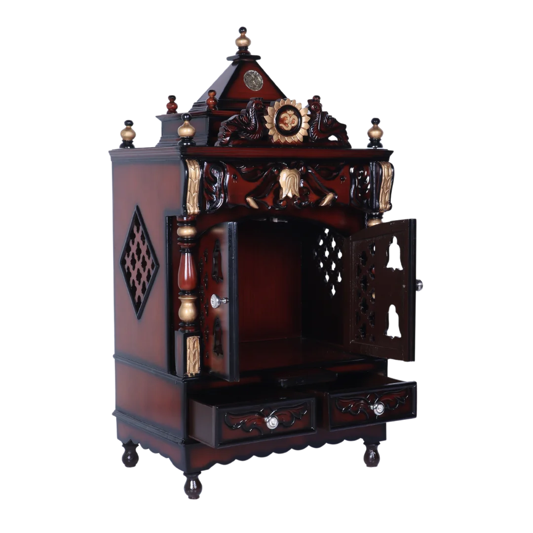 Divya Nivas Medium Floor Rested Pooja Mandir With Door (Brown Gold) side angle open