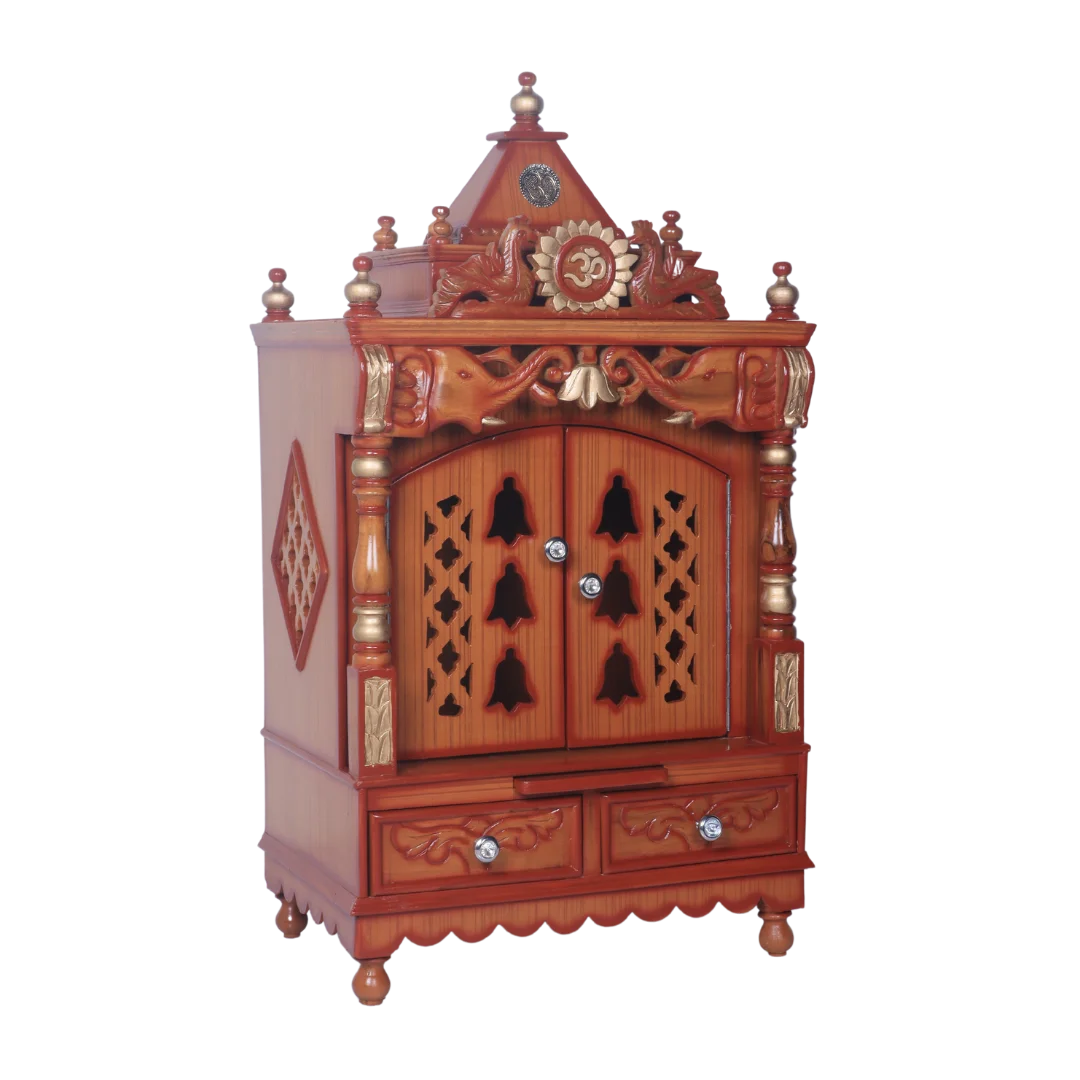 Divya Nivas Medium Floor Rested Pooja Mandir With Door (Teak Gold ) side angle