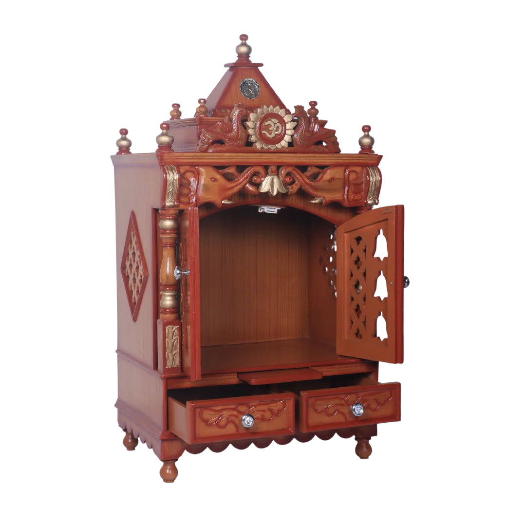 Divya Nivas Medium Floor Rested Pooja Mandir With Door (Teak Gold ) side angle open