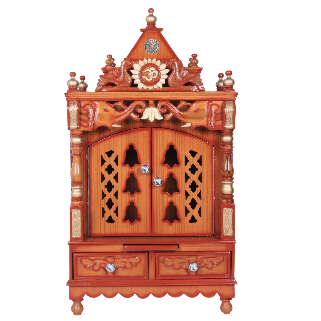 Divya Nivas Medium Floor Rested Pooja Mandir with Door (Teak Gold) front view