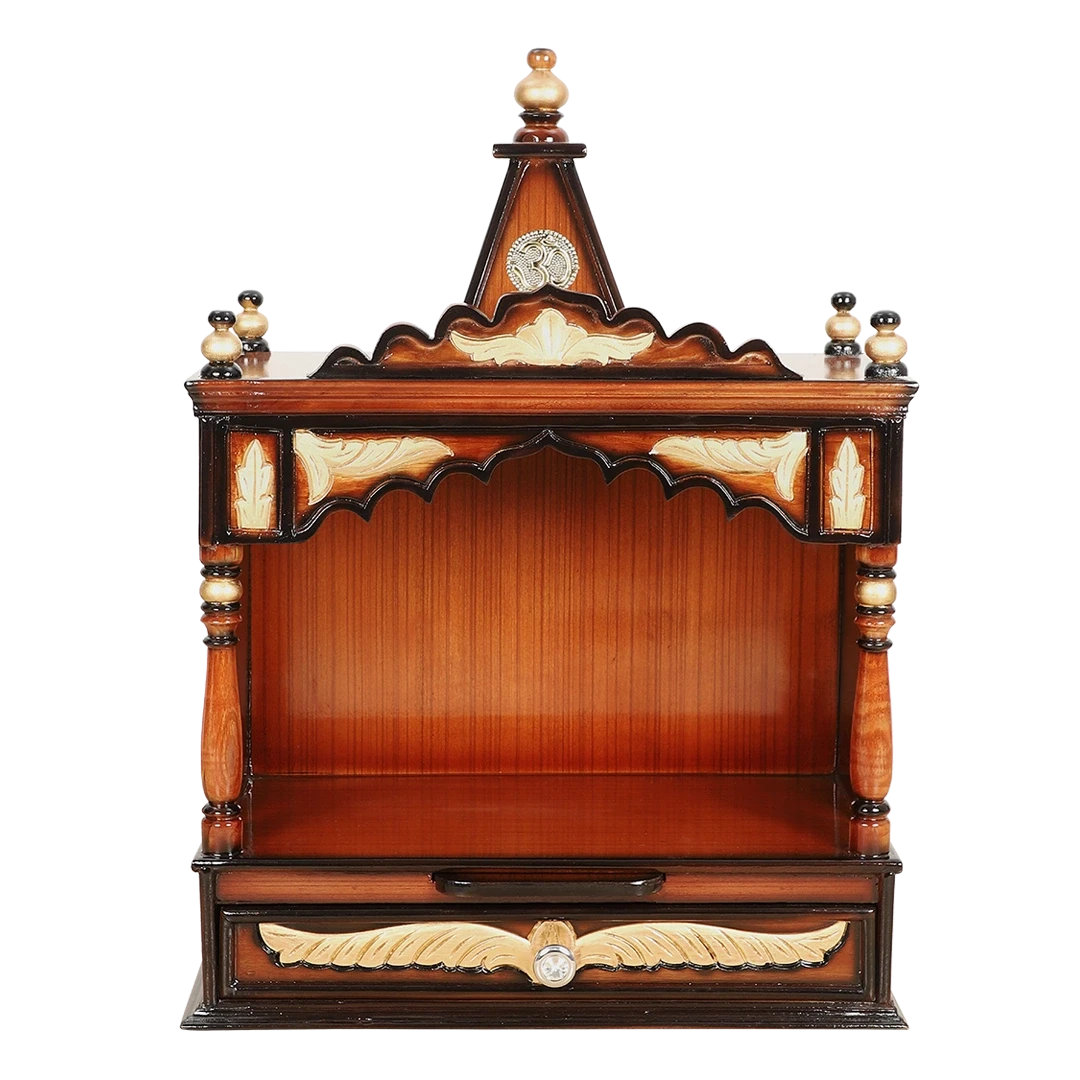 Divya Prakostha Pooja Mandir Wall Mount Pooja Mandir/Wooden temple for home in Brown Gold color front view