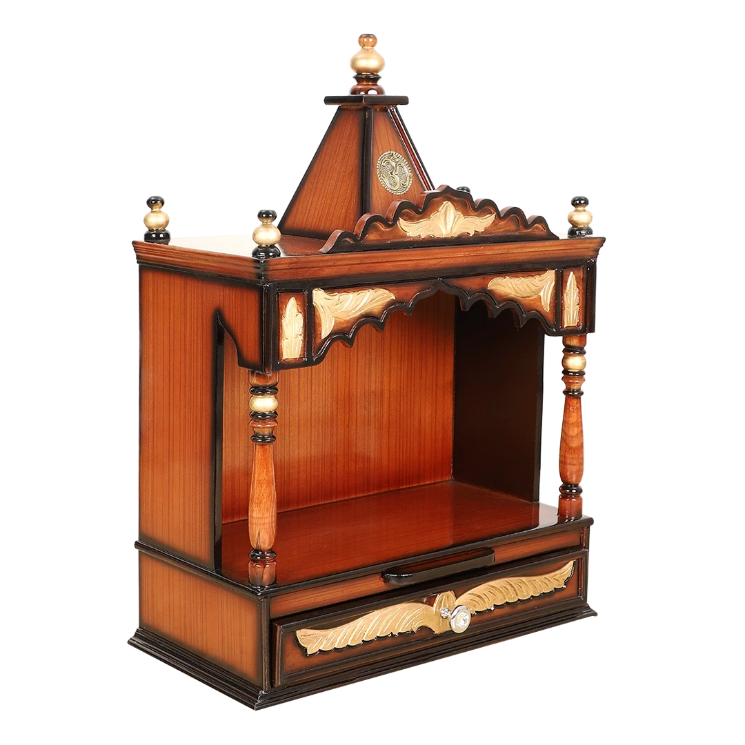 Divya Prakostha Pooja Mandir Wall Mount Pooja Mandir/Wooden temple for home in Brown Gold color 45° side view