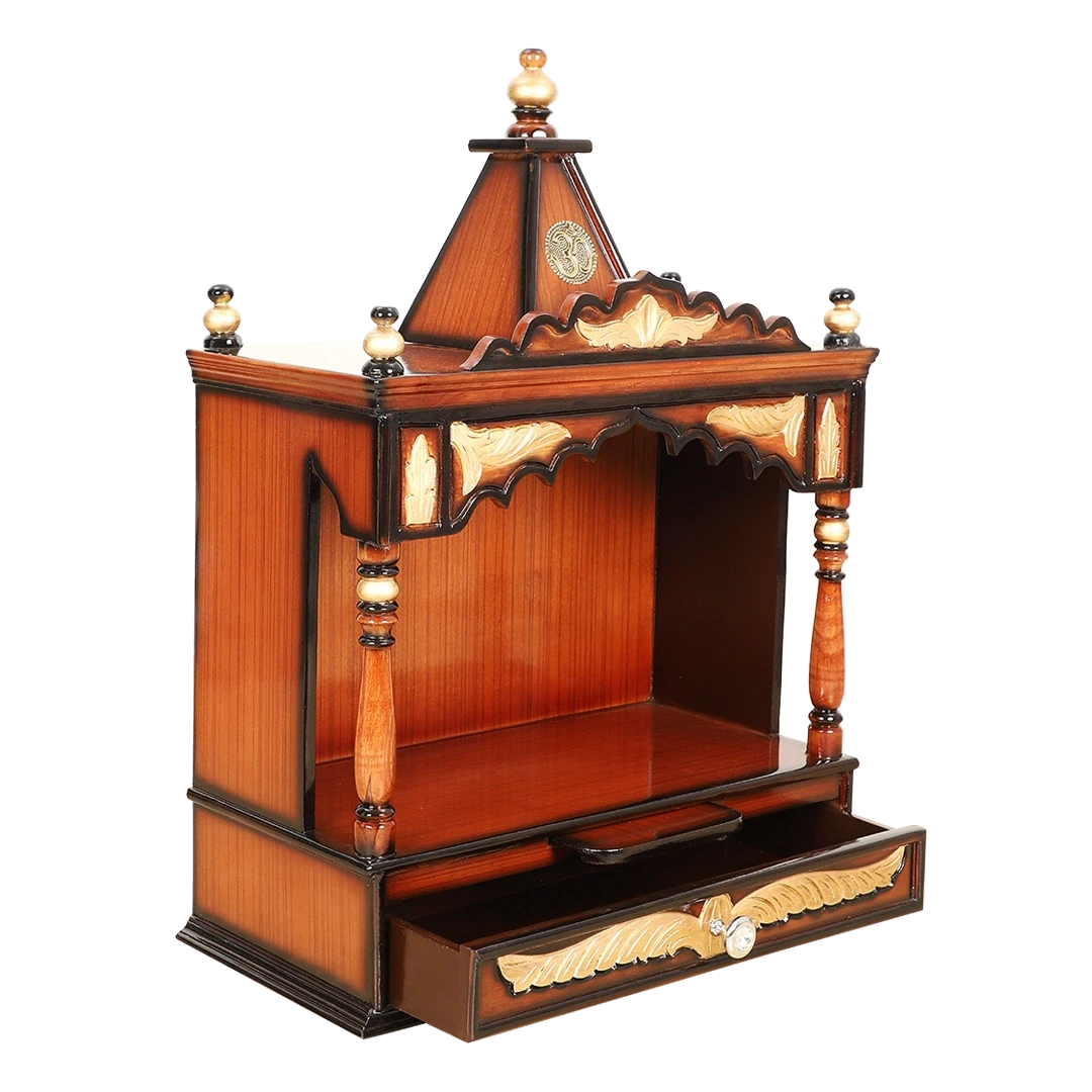 Divya Prakostha Pooja Mandir Wall Mount Pooja Mandir/Wooden temple for home in Brown Gold color 45° side view open drawers