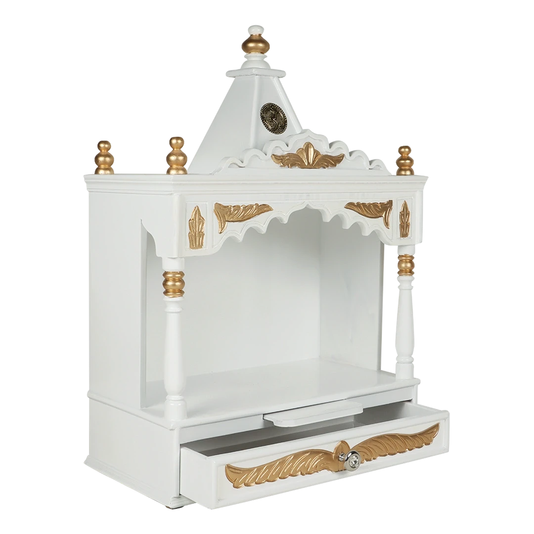 Divya Prakostha Pooja Mandir Wall Mount Pooja Mandir/Wooden temple for home in White Gold color 45° side view open drawers