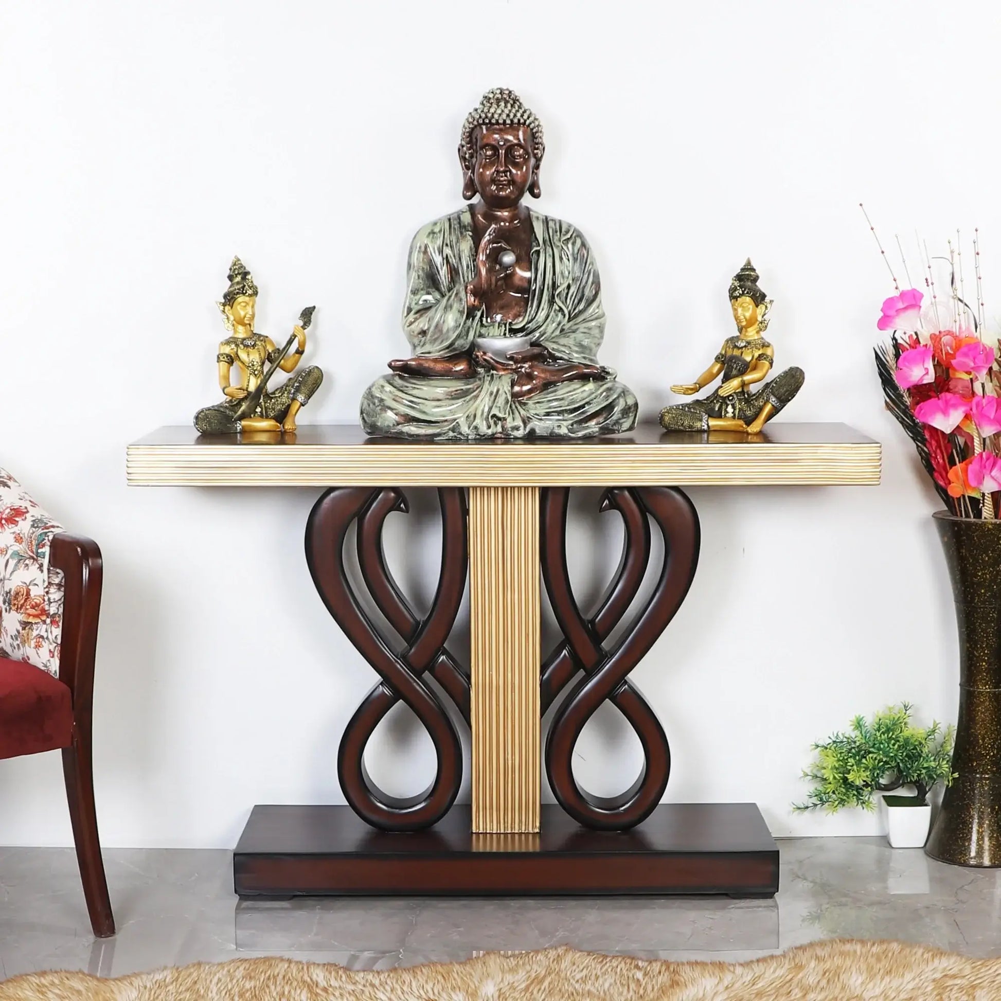 Eleganza Solid Wood Console Table (Brown Gold) lifestyle view