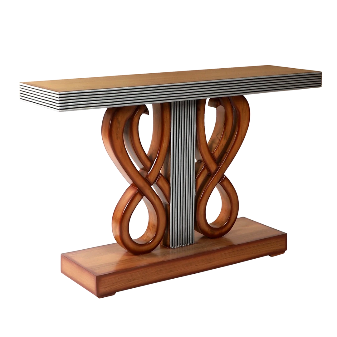 Eleganza Solid Wood Console Table in Teak Silver color 45° side view