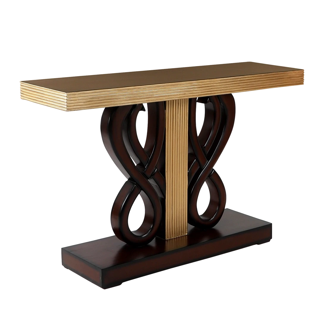 Eleganza Solid Wood Console Table in Brown Gold color 45° side view