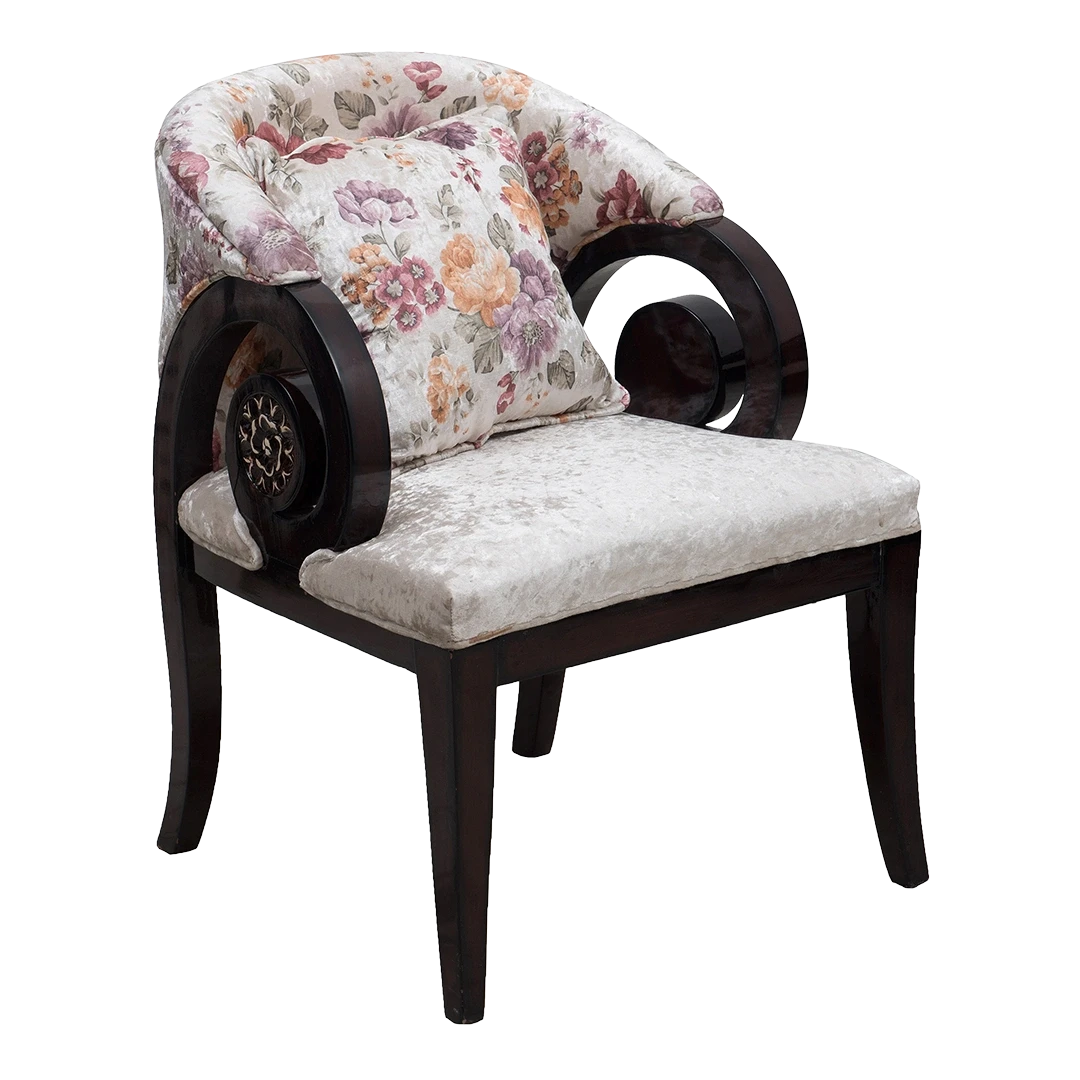 Ellipsum Teak Wood Fabric Upholstered Arm Chair in Brown color 45° side view