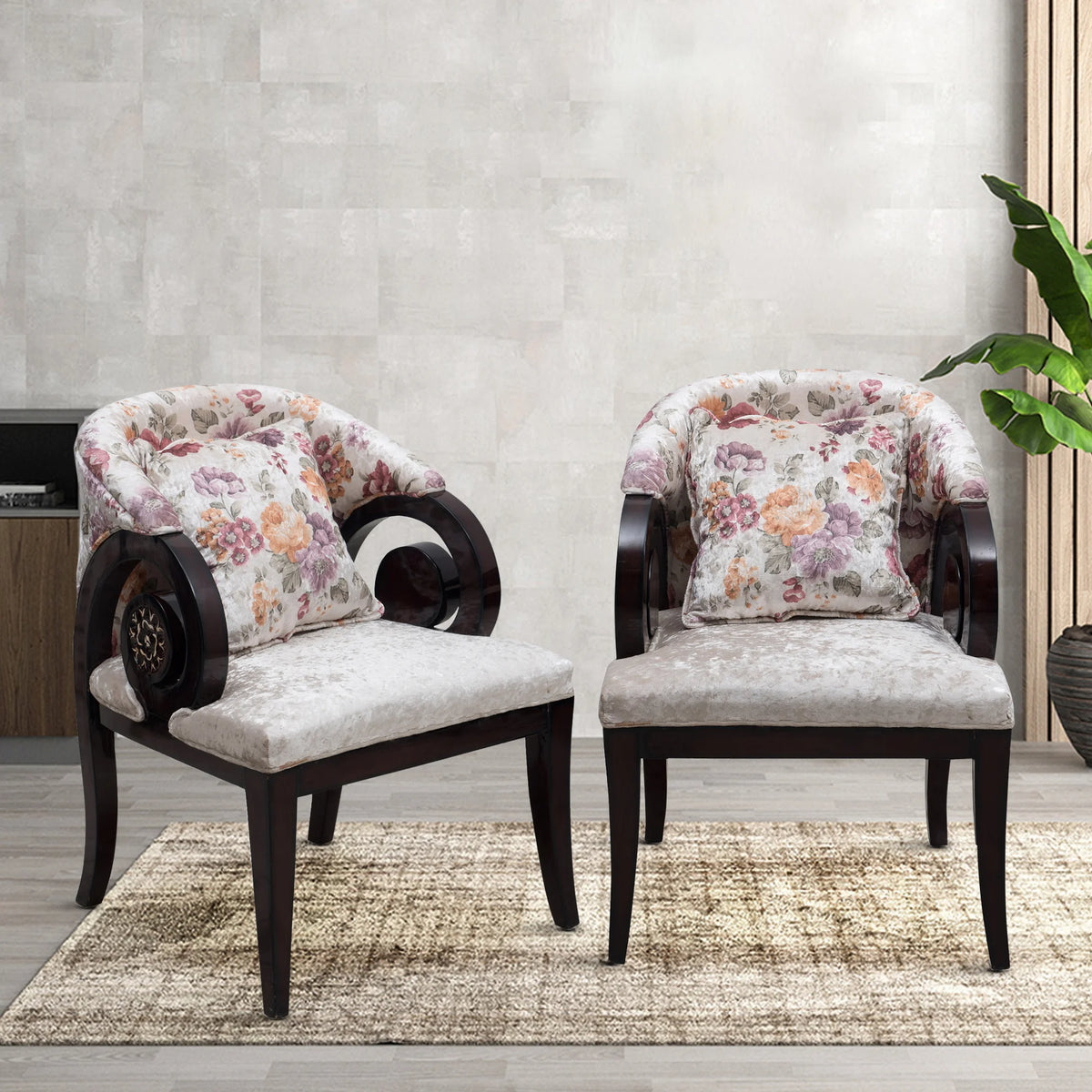 Ellipsum Teak Wood Fabric Upholstered Arm Chair lifestyle view