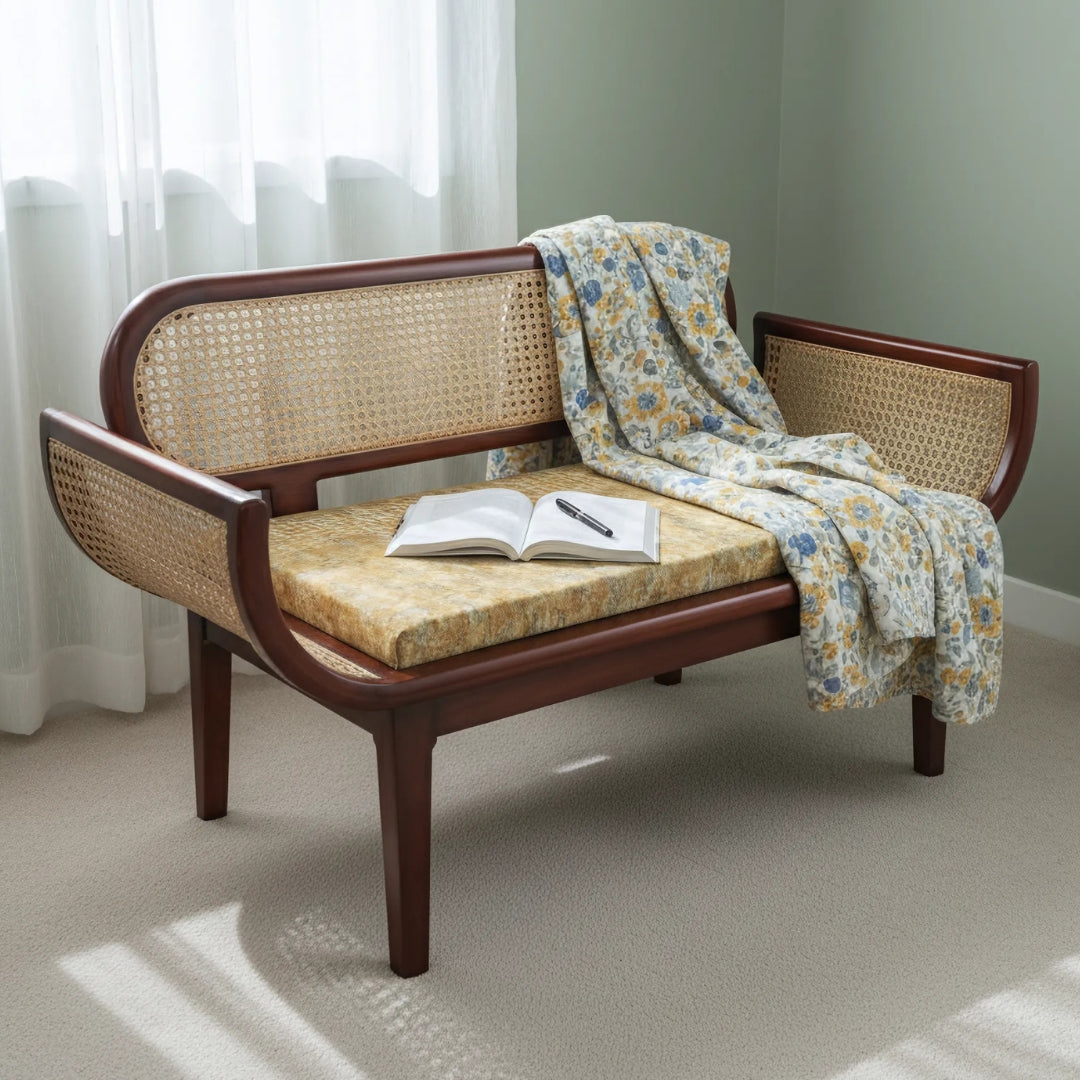 Elvoro Solid Wood Love Sofa (Teak Orange) lifestyle view