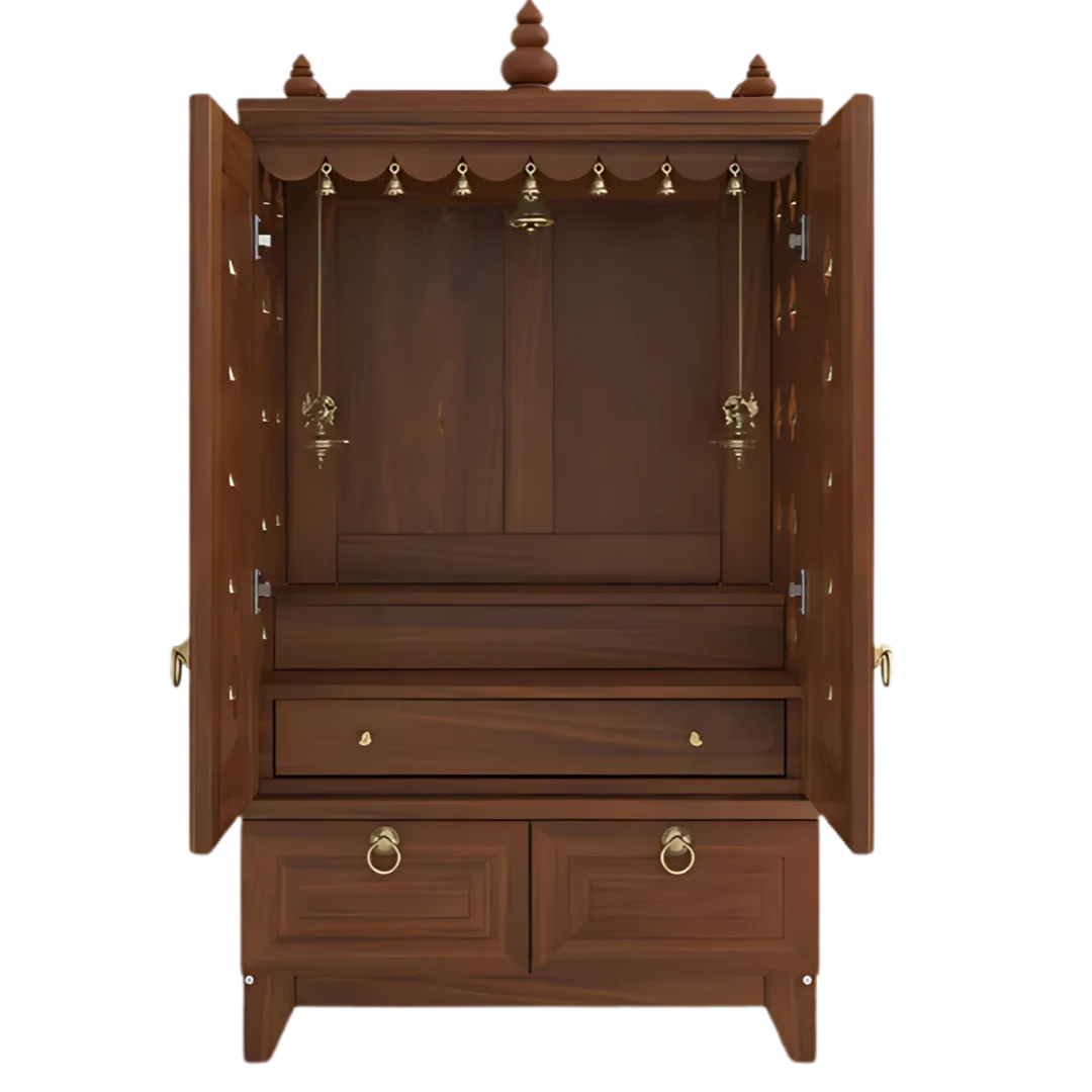 Eshvara Teak Wood Pooja Mandap with Door (Teak) open door front view